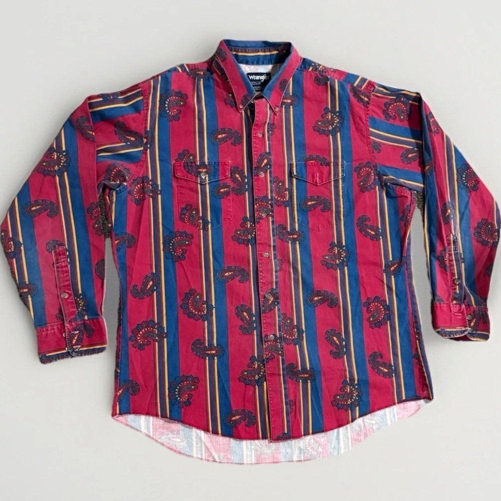Wrangler Brushpopper Western Paisley Stripe Shirt Mens XL 17.5x35 90s Vintage